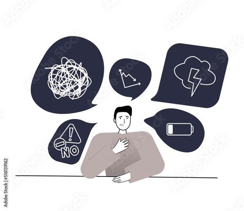 Stressed worker with messed up thoughts. Emotional and physical burnout. Tired man sitting at the table with many messages, tasks and thoughts. Mental health problem. Vector illustration concept