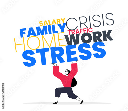 Stressed worker lifting heavy weight. A lot of stress in life. Emotional and physical burnout. Tired woman heavy words in hands. Mental health problem. Vector illustration concept