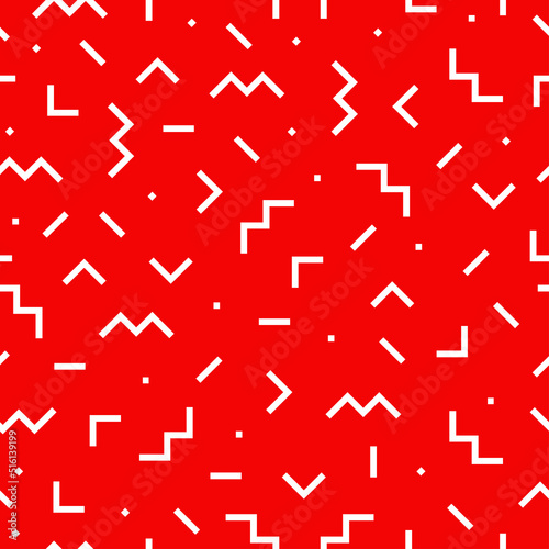 White memphis design seamless pattern with red background.