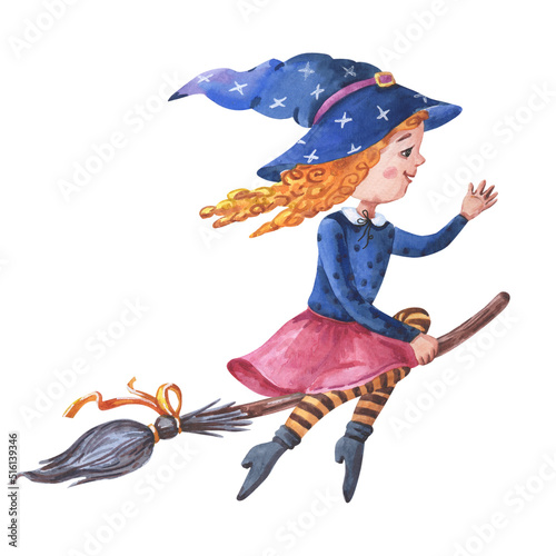 ute witch is flying on a broom. Girl with curly red hair and a blue hat with stars