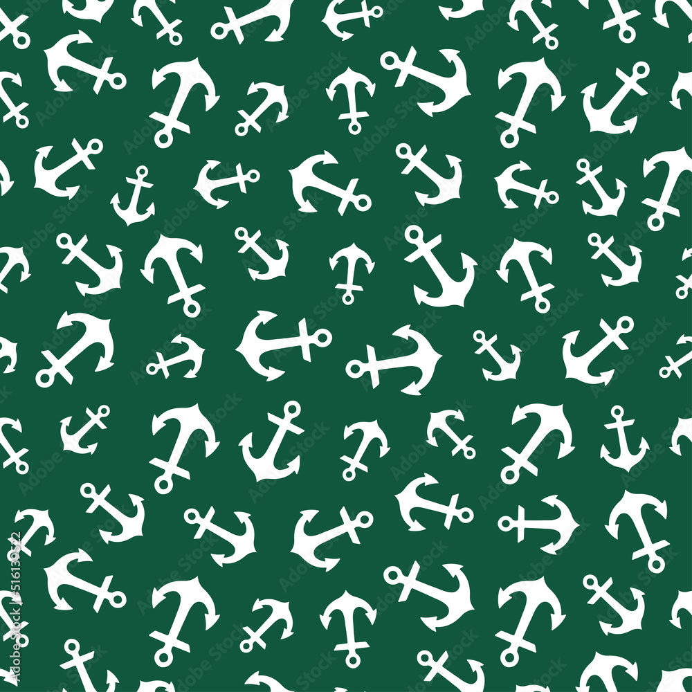 Green seamless pattern with white  anchors.