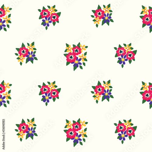 Seamless pattern with simple rustic floral composition. Cute ditsy print, botanical background with small hand drawn plants, colorful flowers, leaves in bouquets on a white surface. Vector.