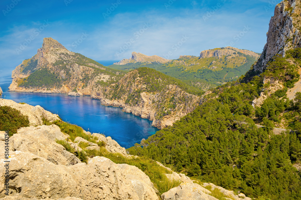 View from the Es Colomer viewpoint of the mountains that form the tip of Cape Formentor. Majorca Island, Balearic Islands, Spain