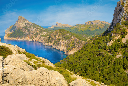 View from the Es Colomer viewpoint of the mountains that form the tip of Cape Formentor. Majorca Island, Balearic Islands, Spain