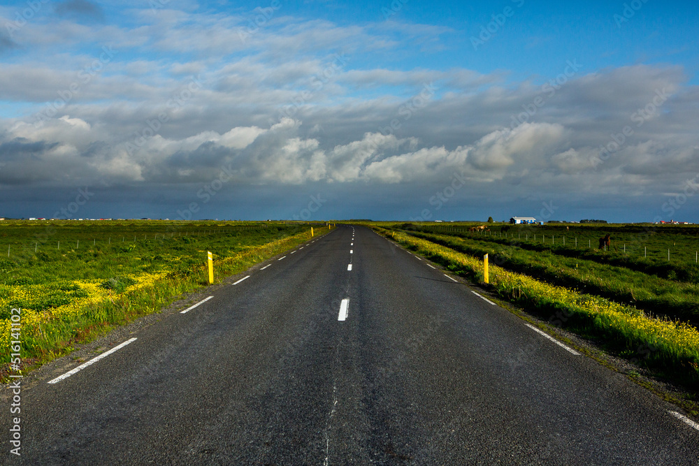 Very picturesque empty road in iceland in summer. Asphalt road as a symbol of freedom and travel.