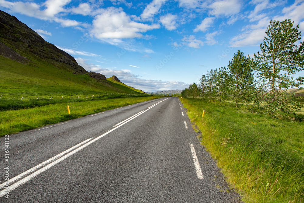 Very picturesque empty road in iceland in summer. Asphalt road as a symbol of freedom and travel.