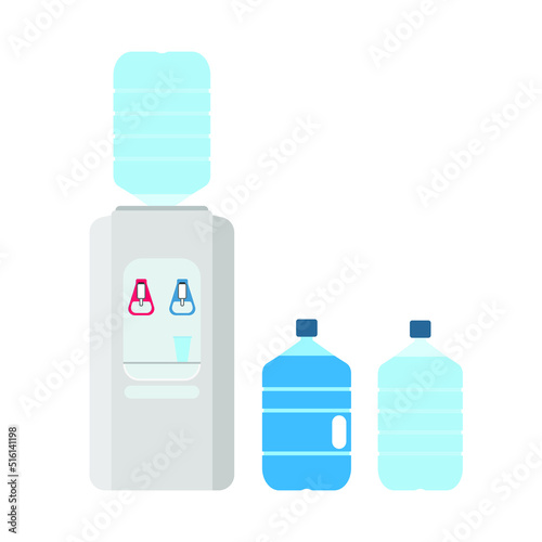Office water set. Water cooler set. Bottles and plastic cups of water. Vector illustration. Mineral Water Bottle Logo In White Isolated Background. illustration gallon bottle flat design on white back