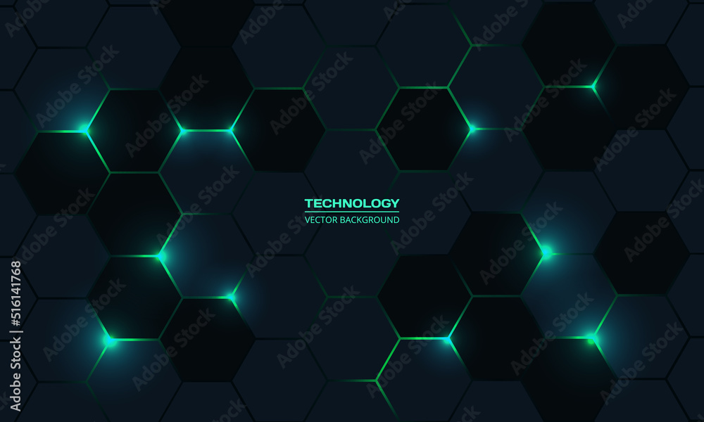 Dark hexagonal technology vector abstract background. Green bright energy flashes under hexagon in modern technology futuristic background vector illustration. Dark and turquoise 3d honeycomb texture.