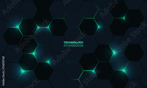 Dark hexagonal technology vector abstract background. Green bright energy flashes under hexagon in modern technology futuristic background vector illustration. Dark and turquoise 3d honeycomb texture. photo