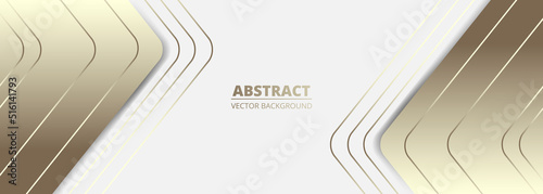 White wide luxury abstract background with golden lines, arrows, angles and shadows. Luxury bright futuristic horizontal gold and white abstract background. Vector illustration