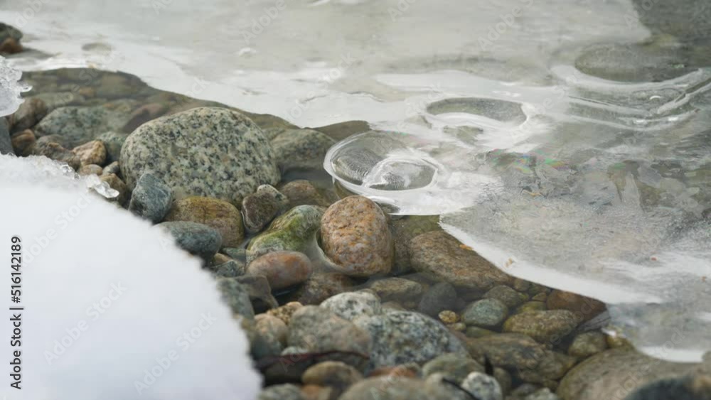 Thin ice covering rocky river shore, water flowing under, round stones visible - closeup winter detail Thin ice covering rocky river shore, water flowing under, round stones visible - closeup winter detail