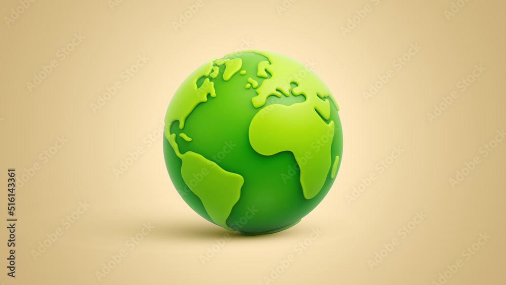 Green cartoon planet Earth on light brown background. Earth Day. Green planet. Ecological concept. Mother Nature. Realistic 3d vector illustration Green cartoon planet Earth on light brown background. Earth Day. Green planet. Ecological concept. Mother Nature. Realistic 3d vector illustration