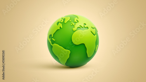 Green cartoon planet Earth on light brown background. Earth Day. Green planet. Ecological concept. Mother Nature. Realistic 3d vector illustration