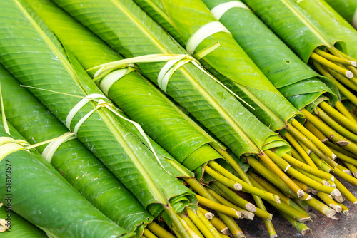 Fototapeta Naklejka Na Ścianę i Meble -  Green banana leaves used for wrapping food at the market in Belen (Belén market), the city of Iquitos on the banks of the Amazon, gate to the rainforest, Amazon, Loreto, Peru, South America