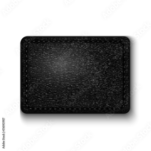 Realistic black label of leather for your design isolated on white background. Blank sticker for your sale. Dark fabric. Vector illustration