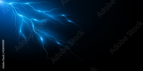 Realistic lightning effect on black background. Thunderbolt with rays of light. Thunderstorm natural phenomenon. Light effect for your project. Vector illustration