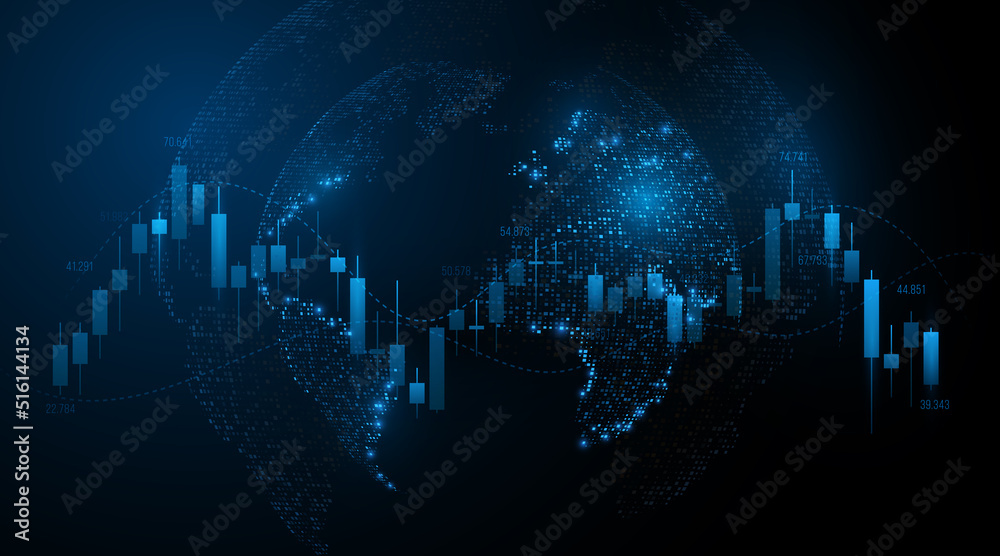 Chart of investment financial data with glowing globe. Modern technology background. World stock market investment trading graph. Business concept. Vector illustration