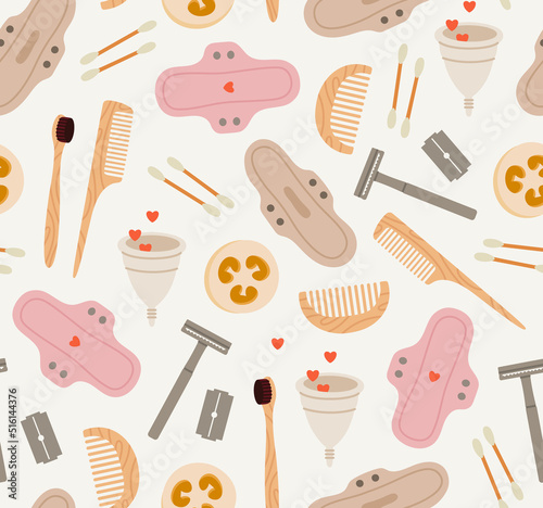 Seamless pattern of reusable hygiene products. Hand-drawn zero waste bathroom tools. Stainless Steel Razor, blade, bamboo toothbrush, a bamboo comb, cotton swabs, loofah, menstrual pads, menstrual cup
