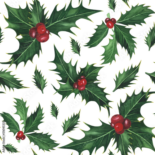 Christmas plant holly seamless pattern isolated on white background. Watercolor hand drawn illustration. Art for design