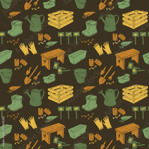 Bright colorful seamless pattern with silhouette garden tools, watering can, boots, shovels, seeds. Endless texture with green brown yellow elements on dark green background. Vector illustration.