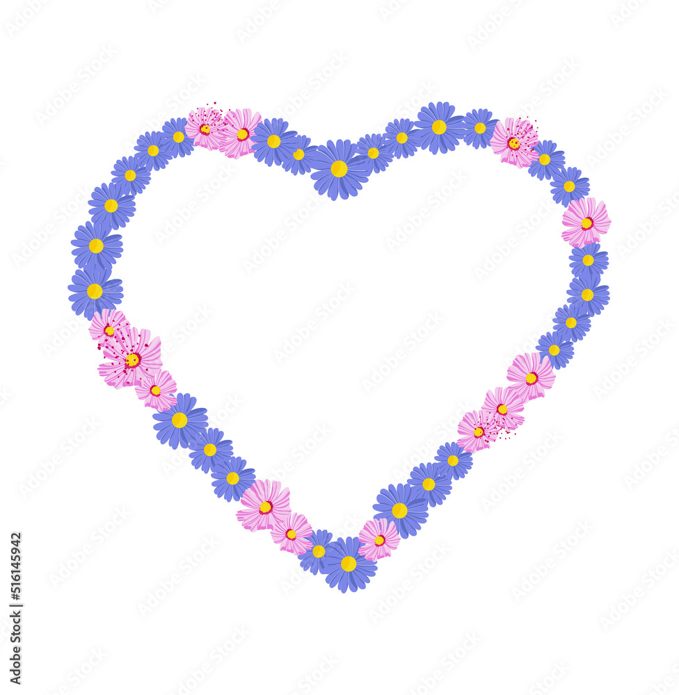 Heart shape made of flowers. Floral heart frame. Isolated on white background.