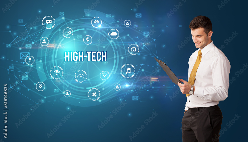 Businessman thinking about modern technology Businessman thinking about modern technology