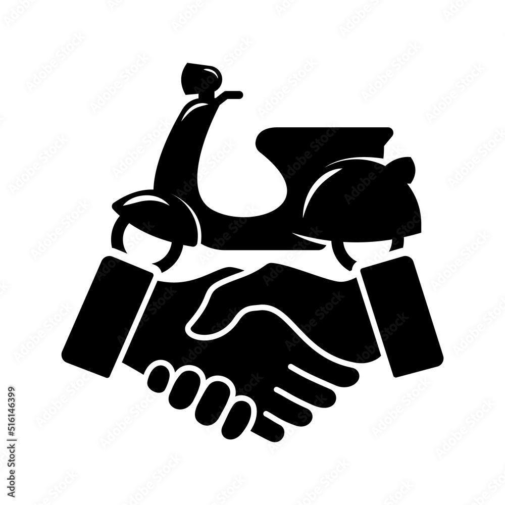Moped Deal with Hand shake icon vector. Motorcycle on sale. Motorcycle sale, rental motorbike. Deal businessman salesman and client Moped Deal with Hand shake icon vector. Motorcycle on sale. Motorcycle sale, rental motorbike. Deal businessman salesman and client