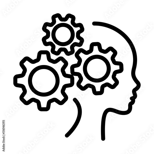 Human head with cogwheels inside linear icon. Artificial intelligence. Technology progress. Vector outline, line illustration