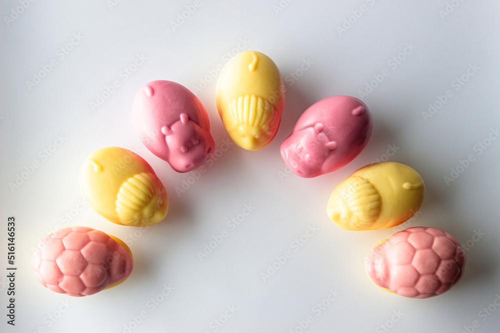 Various edible animals made from chewing marmalade with the addition of natural juices.  Yellow and pink flowers on a white background.  Children's sweets