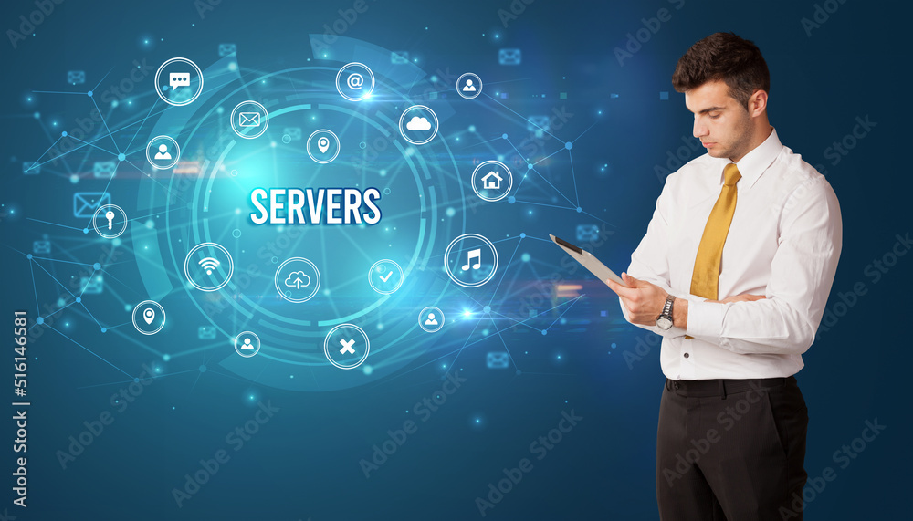 Businessman thinking about modern technology Businessman thinking about modern technology