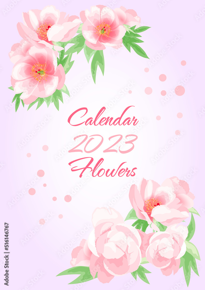 Cover with pink peonies on a light gradient background for a vertical calendar 2023 with different flowers on 12 pages