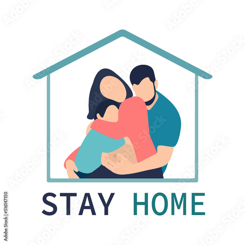 The family is at home. Stay home. Quarantine or self-isolation. Healthcare concept. Fear of getting sick with coronavirus. Global virus epidemic or pandemic. Fashion flat vector illustration.