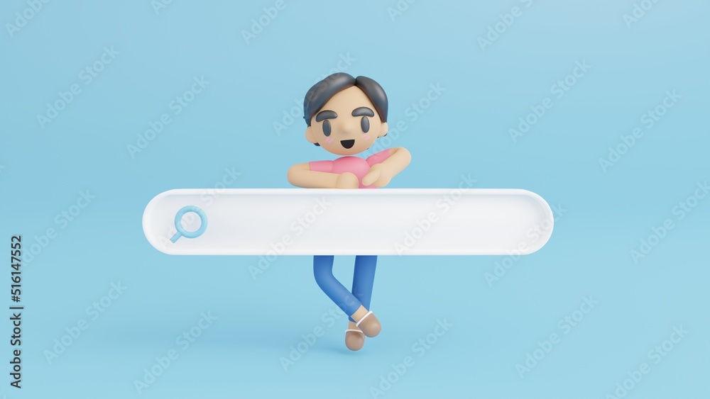 Vocrub character with search bar, SEO searching, Minimal blank search bar on pastel blue background, Web search browser, 3D rendering illustration concept Vocrub character with search bar, SEO searching, Minimal blank search bar on pastel blue background, Web search browser, 3D rendering illustration concept