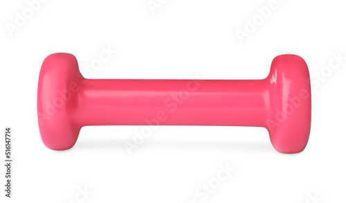 Pink dumbbell isolated on white. Weight training equipment