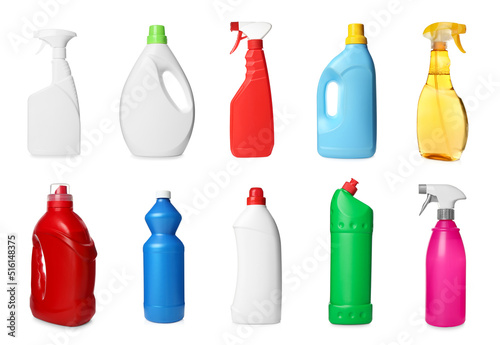 Set with different cleaning products on white background photo