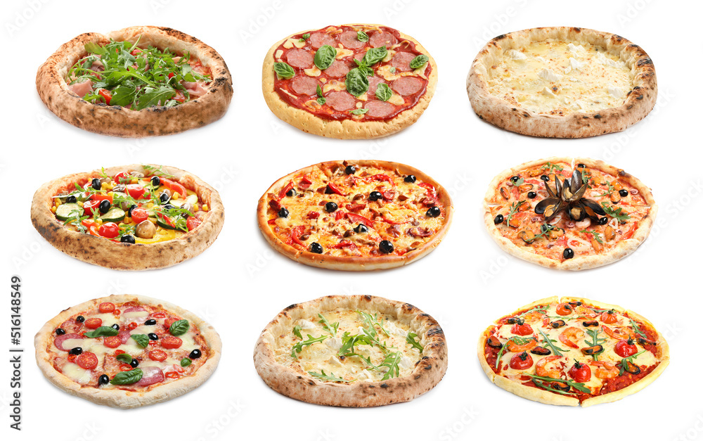 Set with different delicious pizzas on white background Set with different delicious pizzas on white background