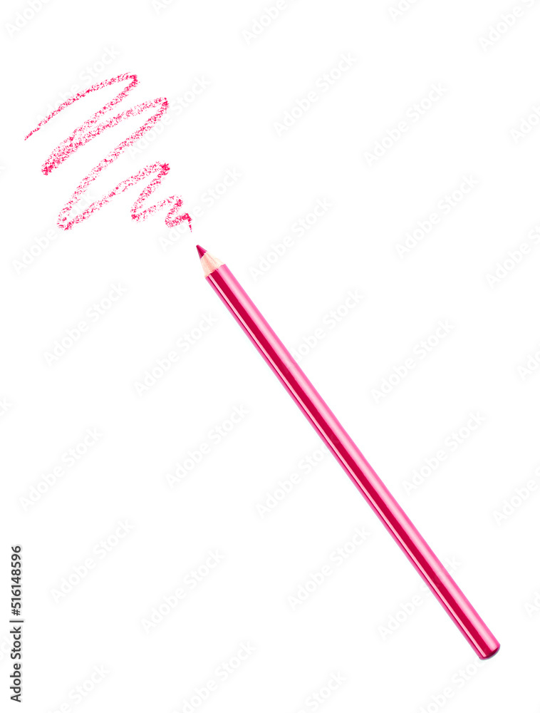 Bright lip pencil and stroke on white background, top view Bright lip pencil and stroke on white background, top view