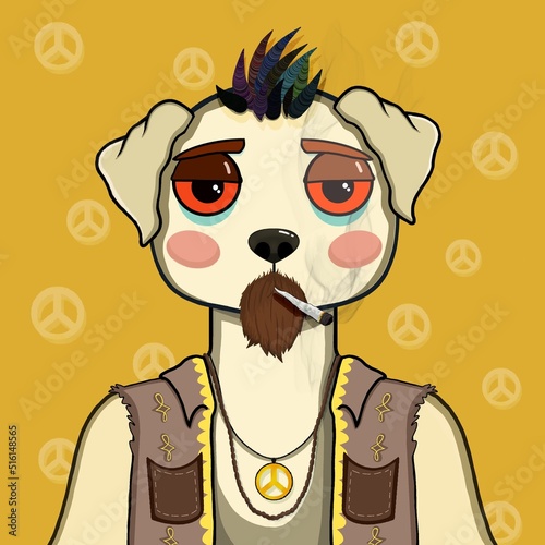 Color illustration dog wearing a vest and jewelry with a simbol of freedom. Idea for background.