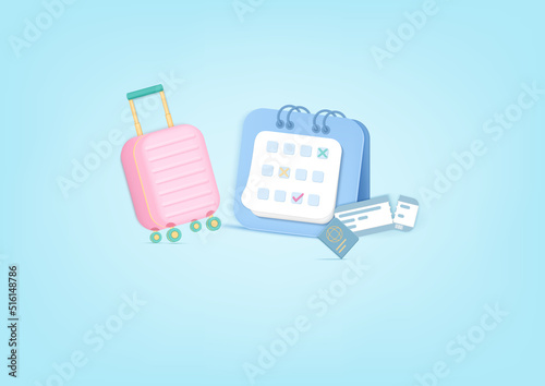 3D trip planning travel concept, travel bag, tourism, passsport, boarding pass ticket, calender. Pastel background. Minimal cartoon icon.