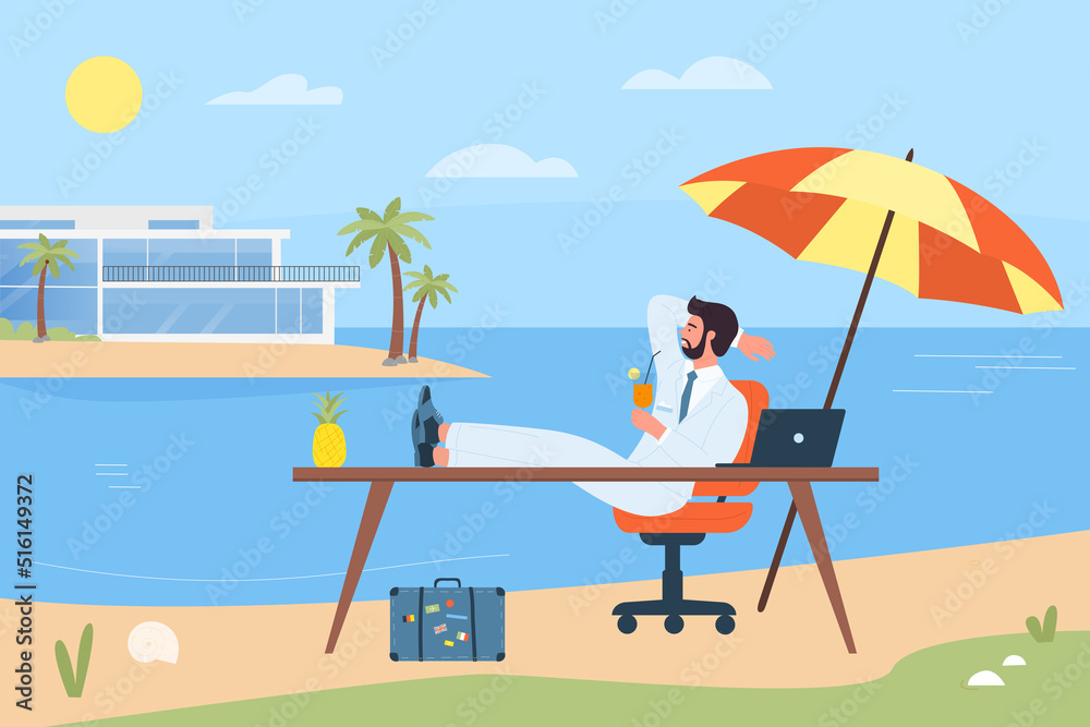 Relax vacation time on beach of happy businessman with feet up on office desk vector illustration. Cartoon young manager with cocktail and suit enjoy sun, sea and sky of paradise island background