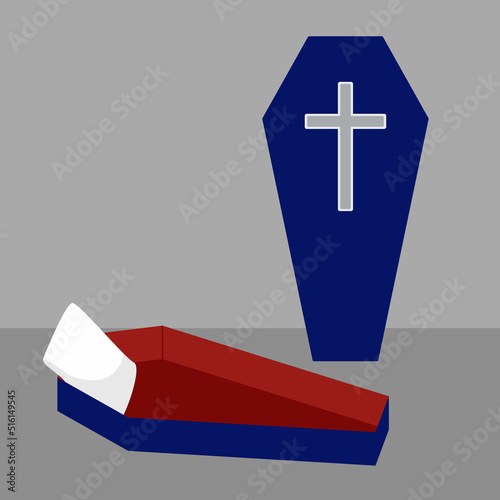 Coffin with pillow. Bed of vampire. Halloween. Flat, cartoon, vector