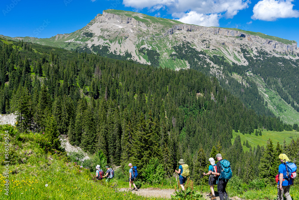 Urlaub im Kleinwalsertal, Österreich: Wanderung in der Nähe von Baad zum Grünhorn mit Blick auf den hohen Ifen