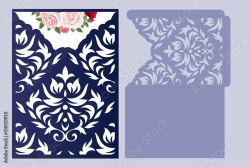 Wedding invitation pocket sleeve envelope with damask pattern, cutting template, vector.