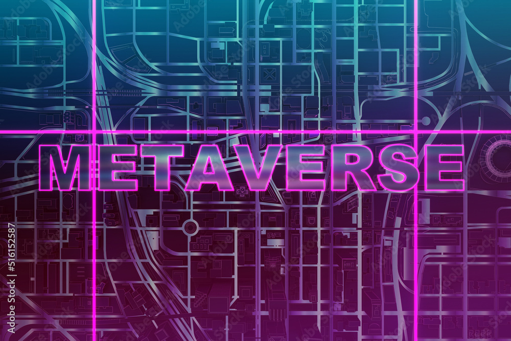 text metaverse over black futuristic city