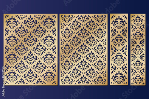 Set of panels with Damask cutout pattern, laser cut templates, vector.