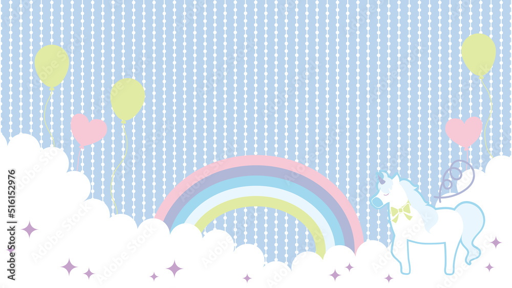 空に浮かぶユニコーンと風船と虹の背景イラスト