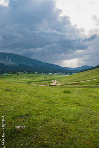 Greenery surrounded by mountains in Gulmarg, Jammu & Kashmir, India.