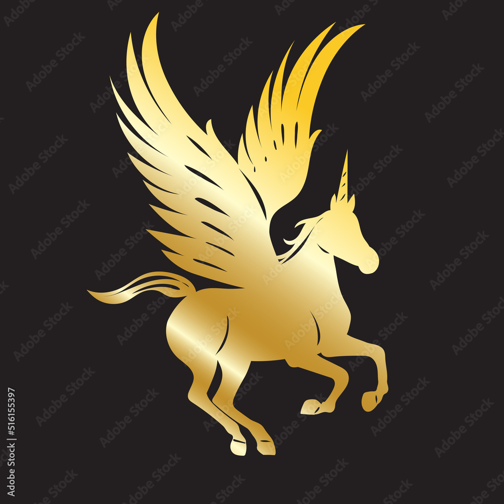 Fototapeta premium pegasus with wings golden silhouette, isolated, vector