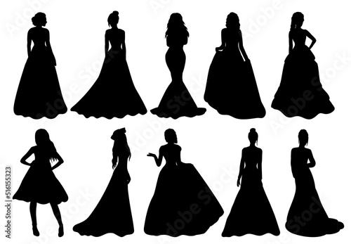 princess bride set black silhouette, isolated, vector