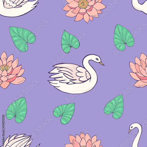 Seamless vector pattern of swans  lotuses and water lilies. Decoration print for wrapping  wallpaper  fabric  textile.